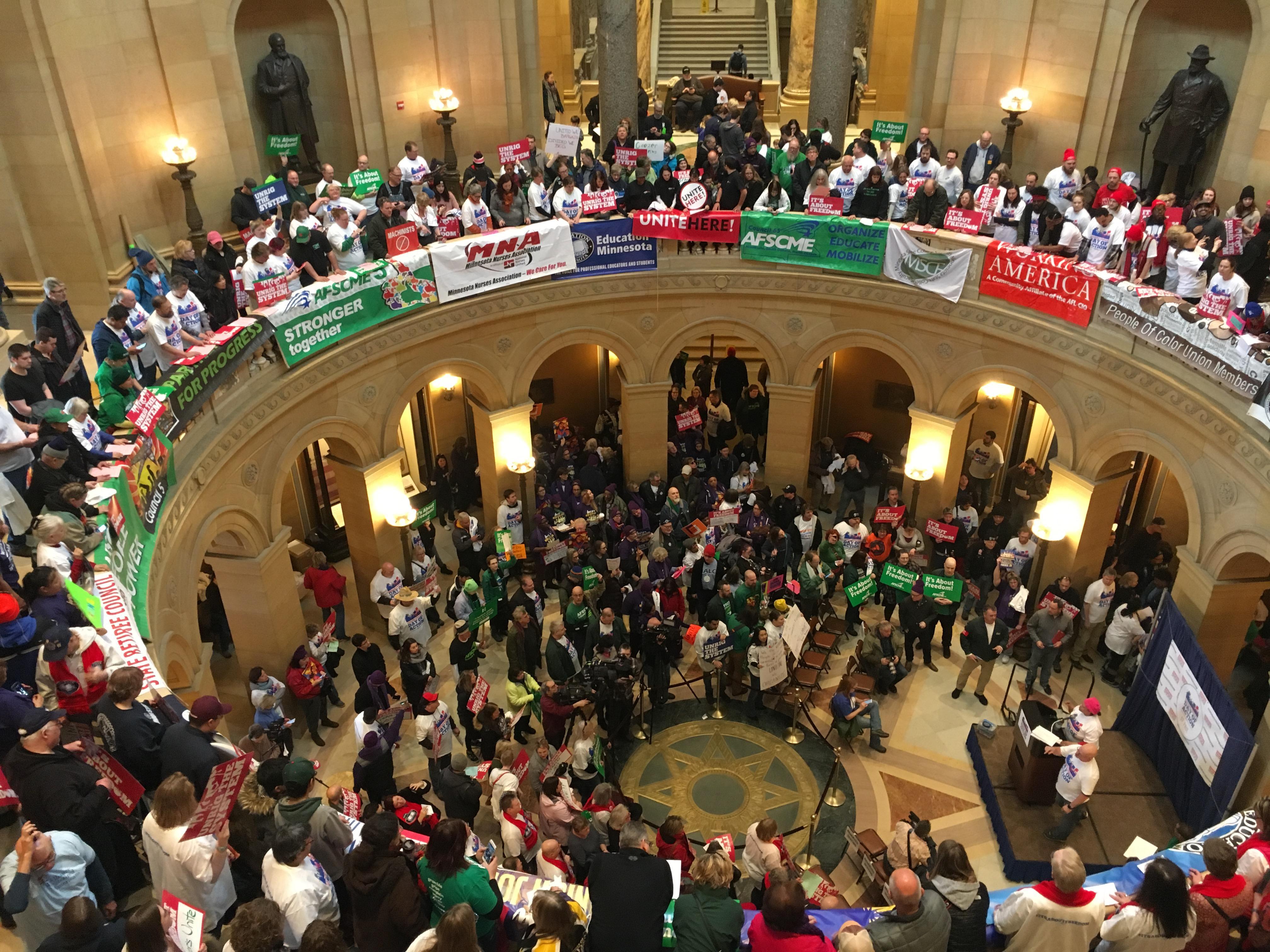 Union members fill the Minnesota Capitol Rotunda