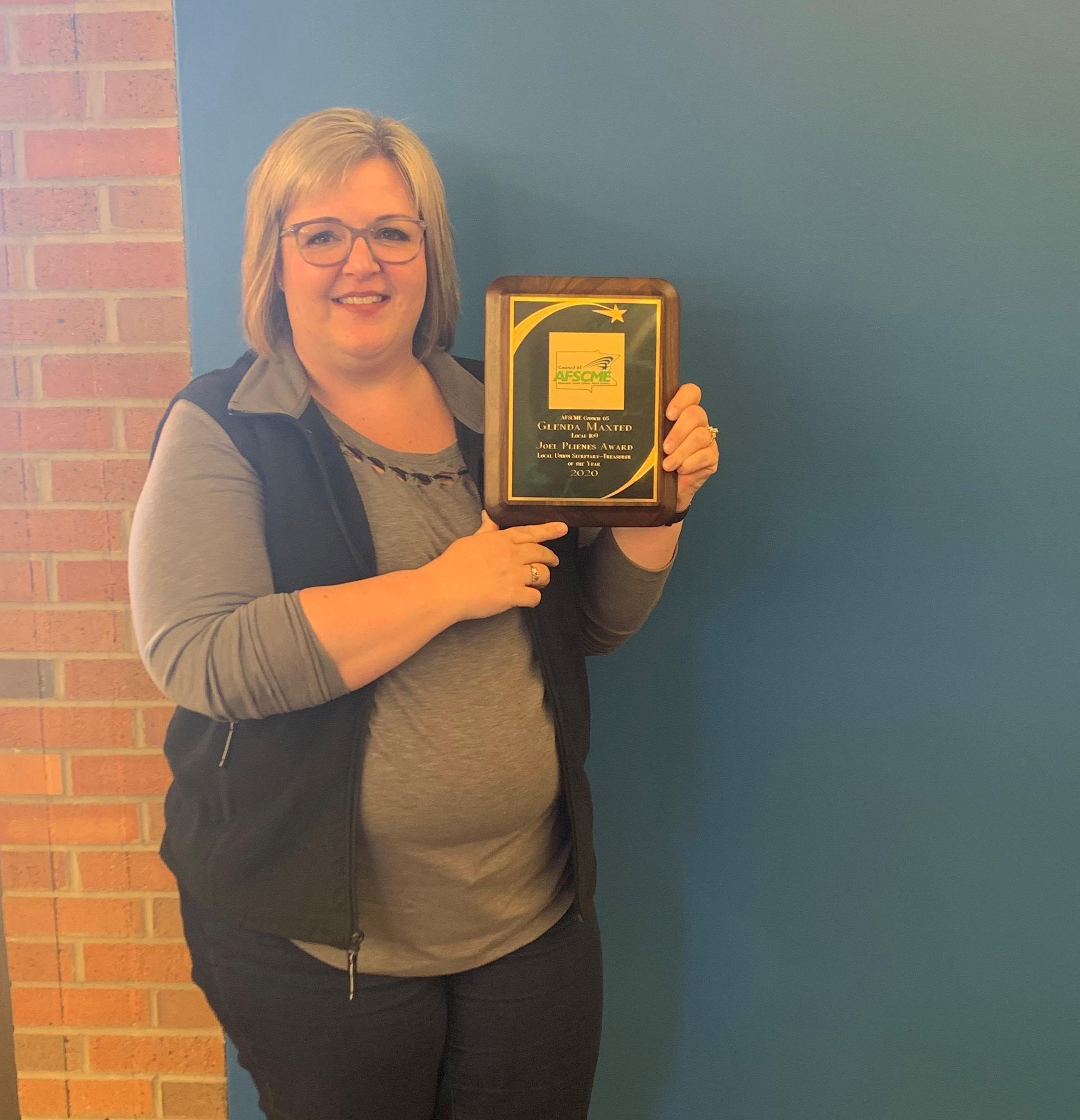 Glenda Maxted of Local 169 receives the 2020 Joel Plienis Award